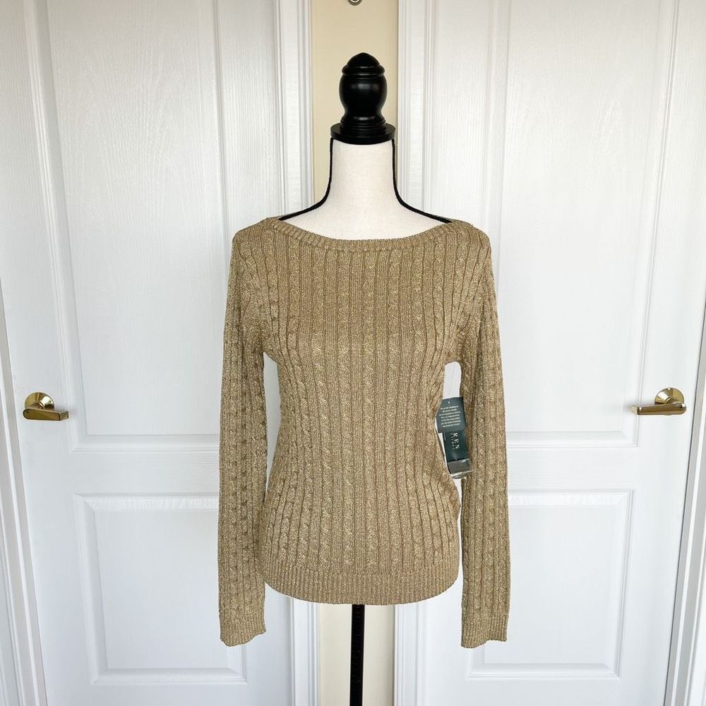 LAUREN Ralph Lauren Size Medium Metallic Silk Woven Sweater in Gold